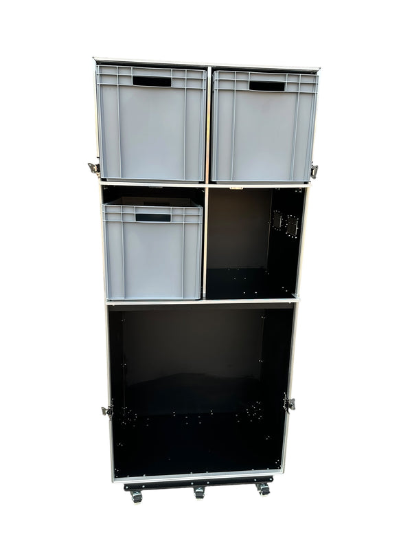 Four Compartment Upright Flight Case VME-Custom30, open with euro containers