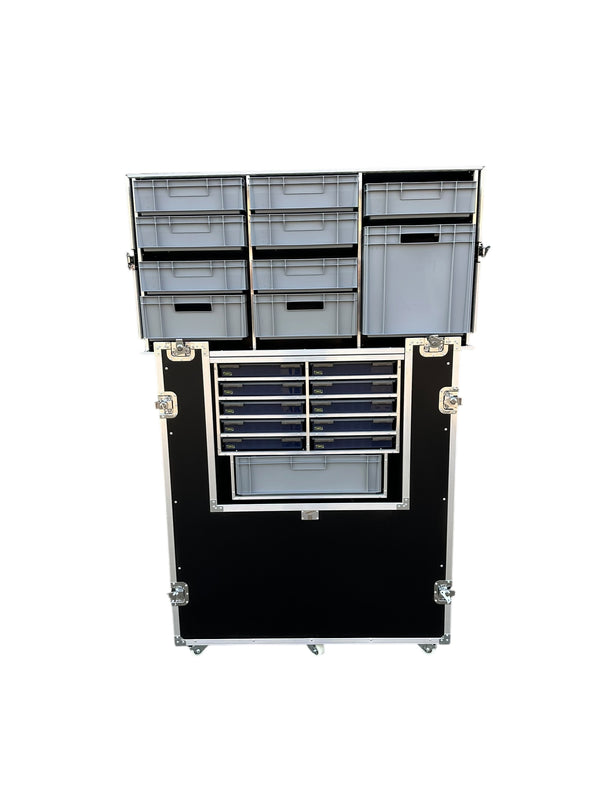 Camozzi Car Lifter Flight Case VME-Custom34, euro containers and Raaco drawers