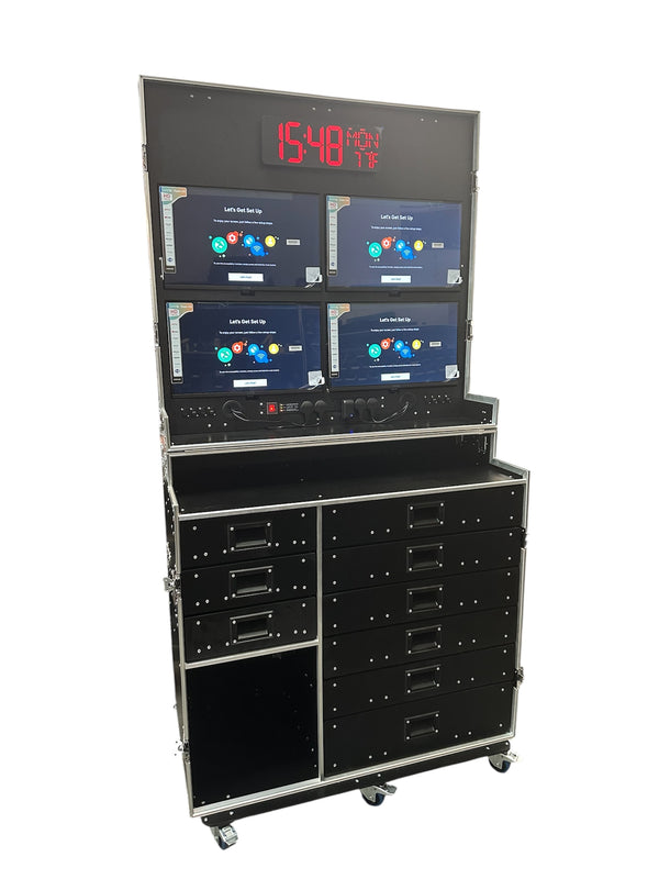 Data Station Flight Case VME-Data39, set up with four screens and timing display