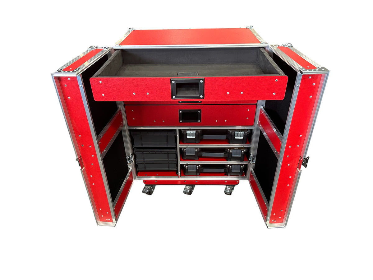 Tool box flight case VME-TB21 in red, open with drawers