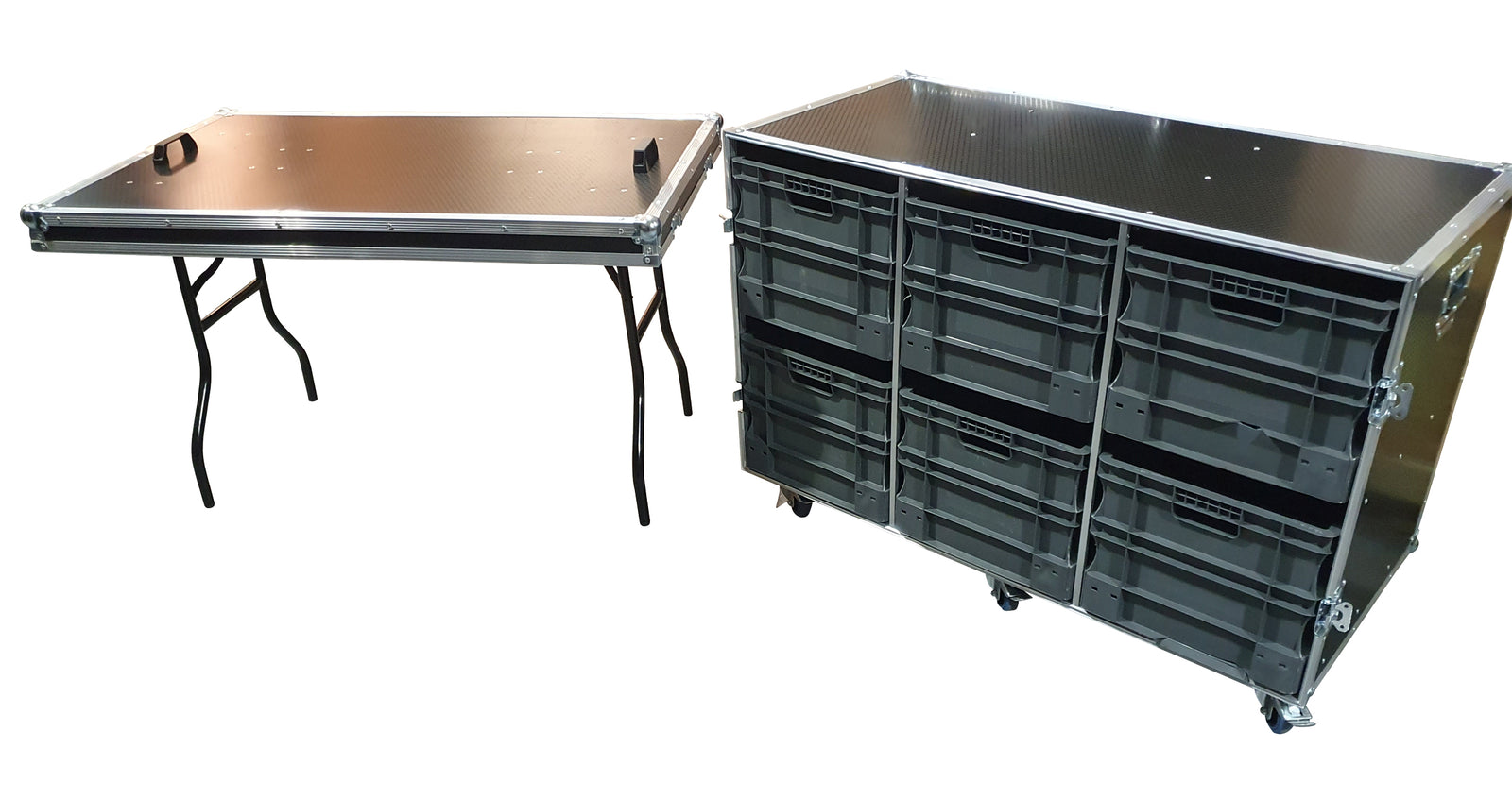 Flight Case Roll Cabinet With 6 X 320H Euro Containers & Table VME-EC22